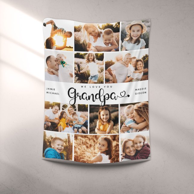 Grandpa We Love you Hearts Modern Photo Collage  Fleece Blanket (Creator Uploaded)