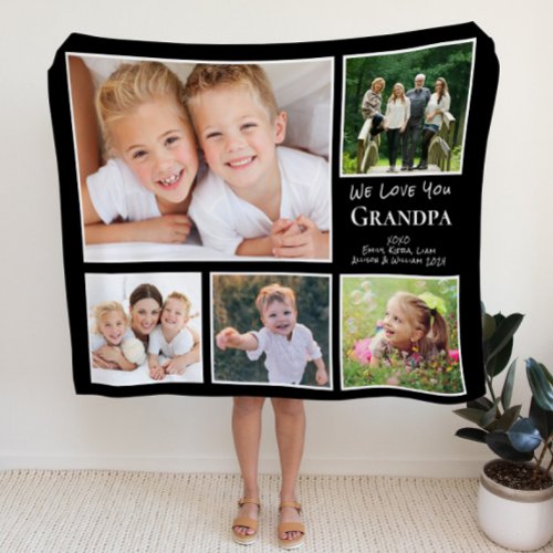 Grandpa We Love You Photo Collage Black Fleece Blanket