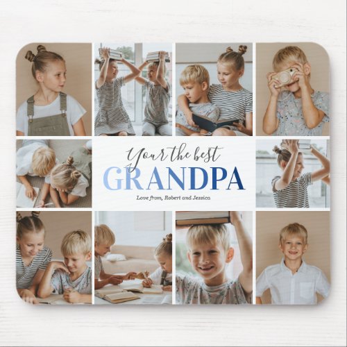 Grandpa Your The Best Photo Mouse Pad - Personalized grandfather mousepad featuring a plain white background that can be changed to any color, 10 photos of the grandson/granddaughter, the saying "your the best grandpa", and the childrens names.