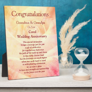 Grandparent Coral Wedding Anniversary Plaque