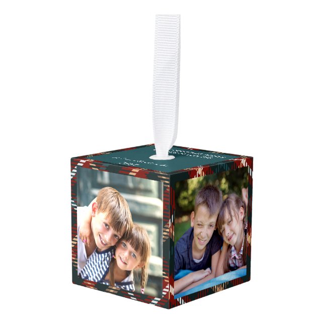 Grandparent Country Tartan Plaid 4 Photo Cube Ornament (Front Angled)