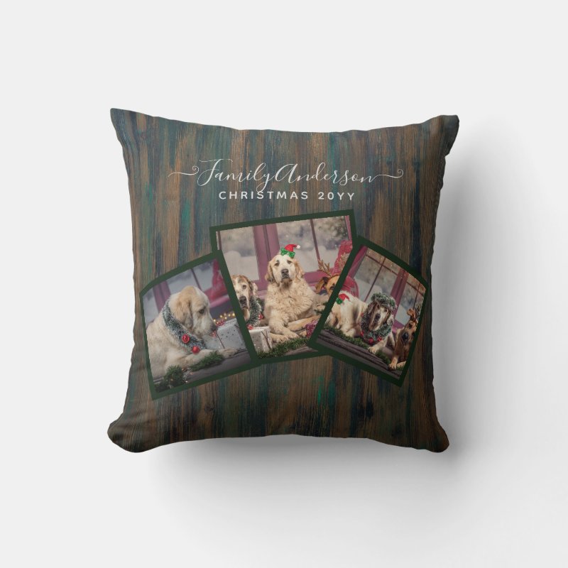 GRANDPARENT PHOTO COLLAGE GIFTS - Rustic Wood Throw Pillow