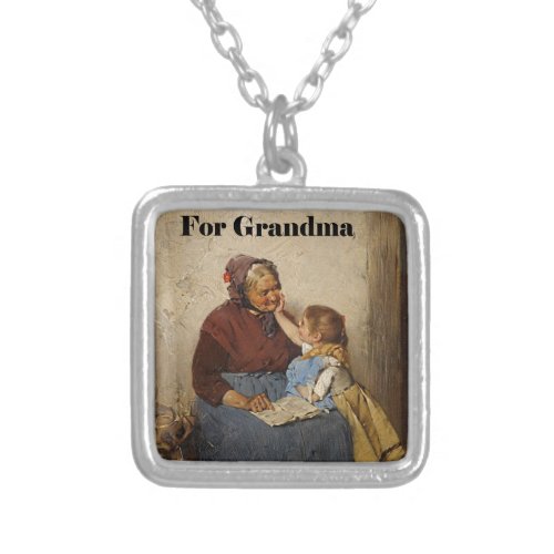 Grandparents Day Grandma Granddaughter Painting Silver Plated Necklace