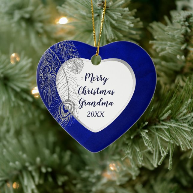 Grandparent Silver Feather Blue Heart Christmas Ceramic Ornament (Tree)