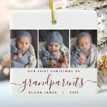 Grandparents 1st Christmas 3 Photo Burgundy Script Ceramic Ornament<br><div class="desc">Help them commemorate their grandchild's first Christmas with this beautiful modern keepsake ornament. The gray text reads "Our first Christmas as grandparents, " with the word "grandparents" in elegant burgundy red handwriting script with flourishes before and after. Replace the three sample images with your favorite vertical photos, and add baby's...</div>