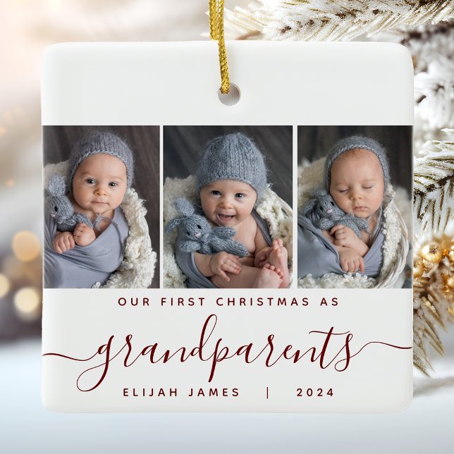 Grandparents 1st Christmas 3 Photo Burgundy Script Ceramic Ornament (Creator Uploaded)