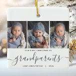 Grandparents 1st Christmas 3 Photo Gray Script Ceramic Ornament<br><div class="desc">Help them commemorate their grandchild's first Christmas with this beautiful modern keepsake ornament. The gray text reads "Our first Christmas as grandparents, " with the word "grandparents" in elegant handwriting script with flourishes before and after. Replace the three sample images with your favorite vertical photos, and add baby's name and...</div>