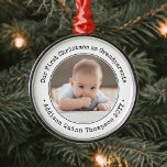 Grandparents 1st Christmas Baby Photo Black White Metal Ornament<br><div class="desc">Celebrate the precious gift of your newest family member with a stylish "Our First Christmas as Grandparents" round metal photo ornament. Gender neutral design is suitable for a new baby boy or girl grandchild. Picture and all text on this template are simple to personalize. (IMAGE PLACEMENT TIP: An easy way...</div>