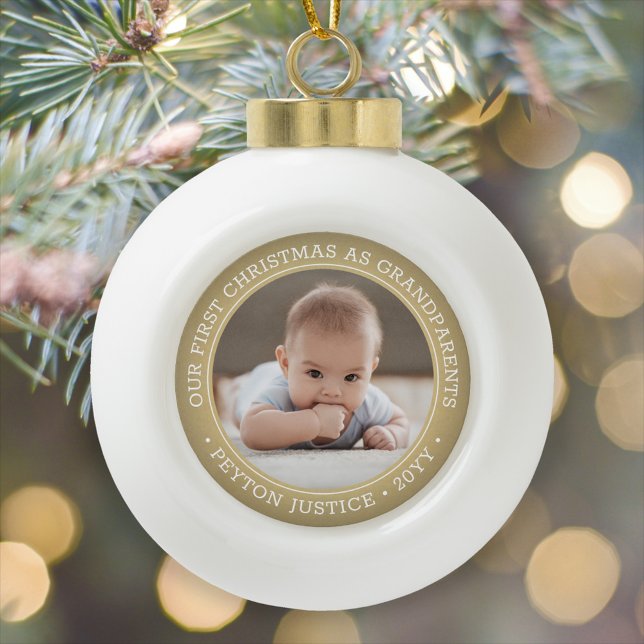 Grandparents 1st Christmas Baby Photo Gold & White Ceramic Ball Christmas Ornament (Creator Uploaded)