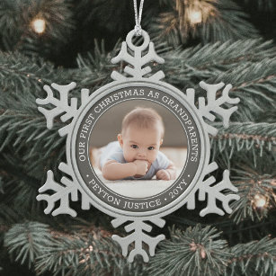 Grandparents 1st Christmas Baby Photo Gray & White Snowflake Pewter Christmas Ornament