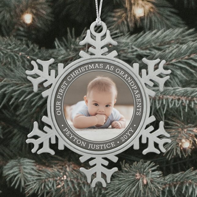 Grandparents 1st Christmas Baby Photo Gray & White Snowflake Pewter Christmas Ornament (Creator Uploaded)