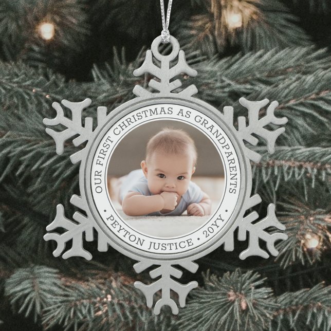 Grandparents 1st Christmas Baby Photo Modern Snowflake Pewter Christmas Ornament (Creator Uploaded)