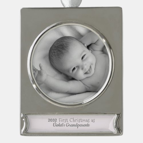 Grandparents 1st Christmas Personalized Name Photo Silver Plated Banner Ornament