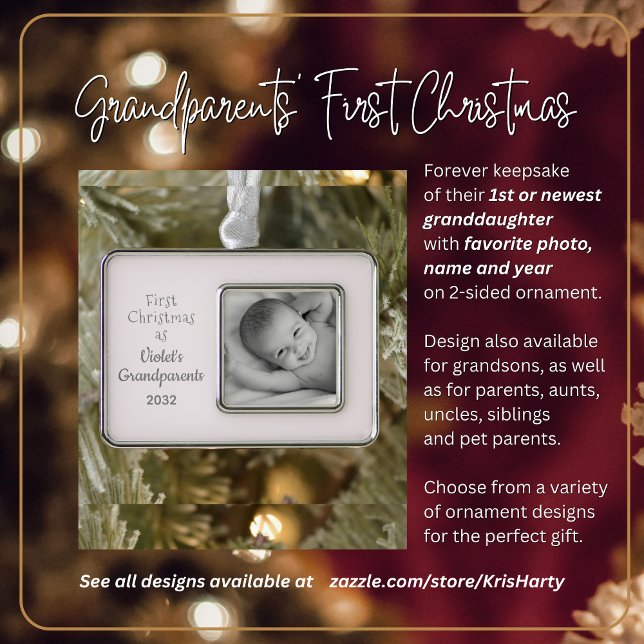 Grandparents 1st Christmas Personalized Photo Name Christmas Ornament (Grandparents' First Christmas with 1st or Newest Granddaughter. Gift them forever photo keepsake.)