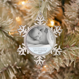 Grandparents 1st Christmas Personalized Photo Snowflake Pewter Christmas Ornament