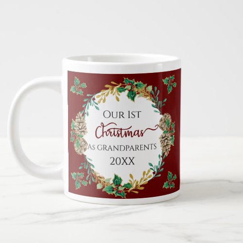 Grandparents 1st Christmas Photo Holly Pine Cones Giant Coffee Mug