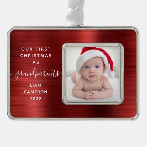 Grandparents 1st Christmas Photo Red Brushed Metal Christmas Ornament