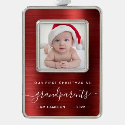 Grandparents 1st Christmas Photo Red Brushed Metal Christmas Ornament