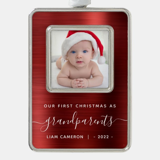 Grandparents 1st Christmas Photo Red Brushed Metal Christmas Ornament (Front)
