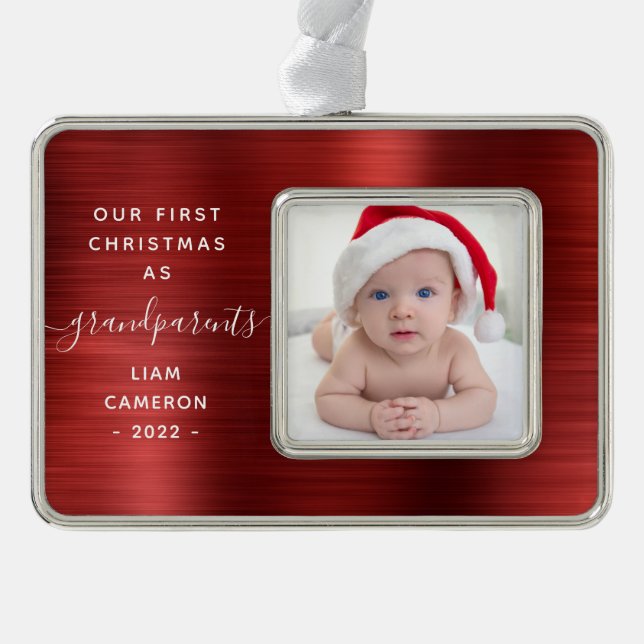 Grandparents 1st Christmas Photo Red Brushed Metal Ornament (Front)