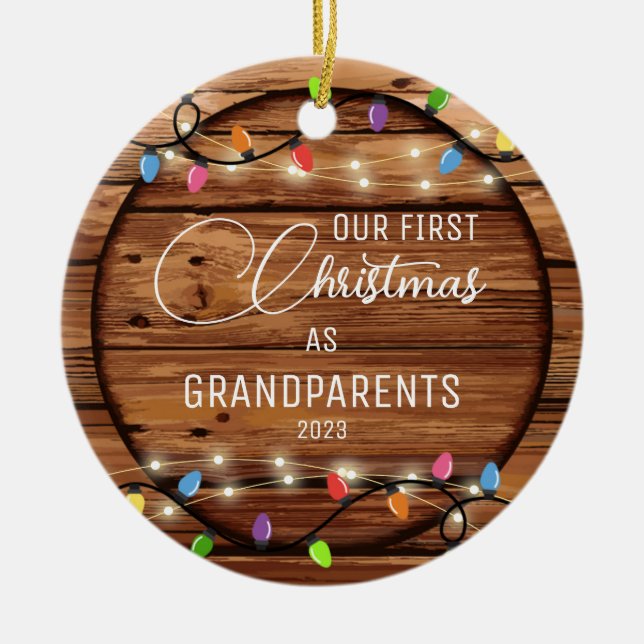 Grandparent's 1st Christmas Rustic Light Photo Ceramic Ornament (Front)