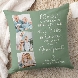 Grandparents 3 Photo Personalized Sage Green Throw Pillow