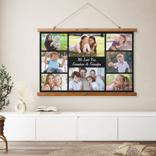 Grandparents 8 Photo Collage Black Hanging Tapestry