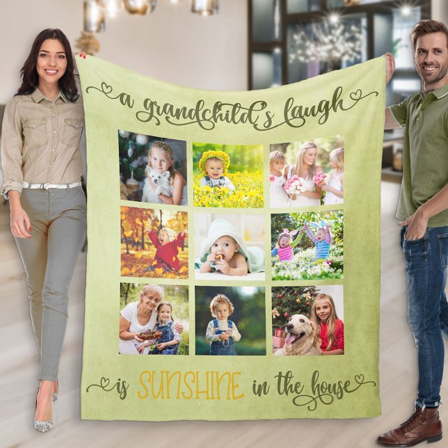 Grandparents 9 Square Photo Collage Green Fleece Blanket (Creator Uploaded)