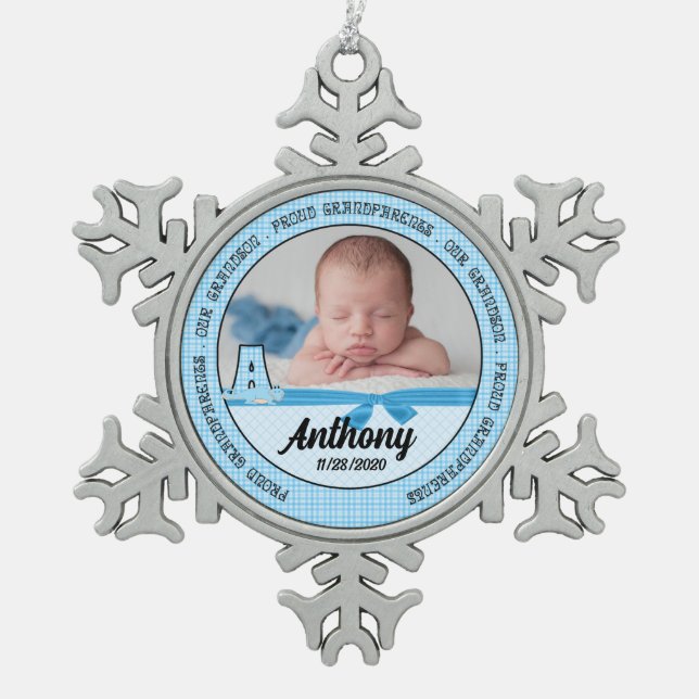 Grandparents Baby Blue Monogram A Snowflake Pewter Christmas Ornament (Front)