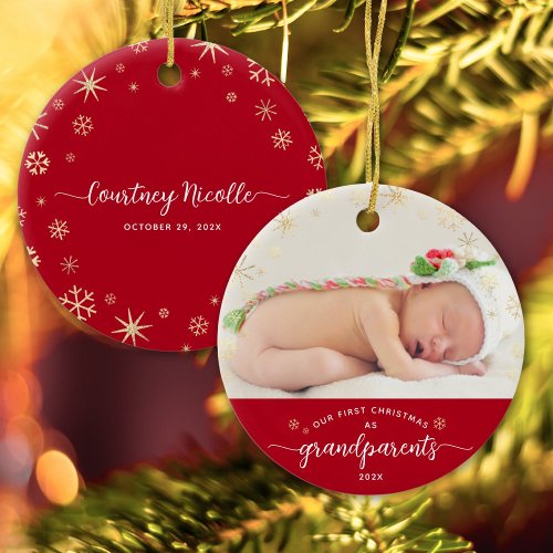 Grandparents Baby First Christmas Snowflakes Photo Ceramic Ornament