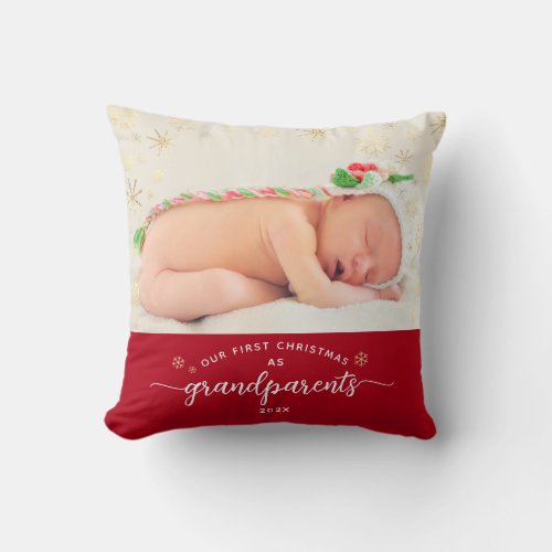 Grandparents Baby First Christmas Snowflakes Photo Throw Pillow