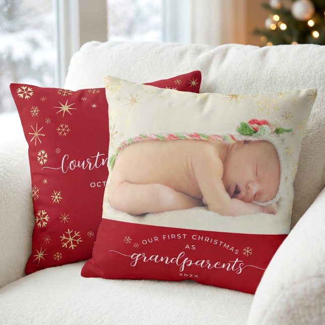 Grandparents Baby First Christmas Snowflakes Photo Throw Pillow (Creator Uploaded)