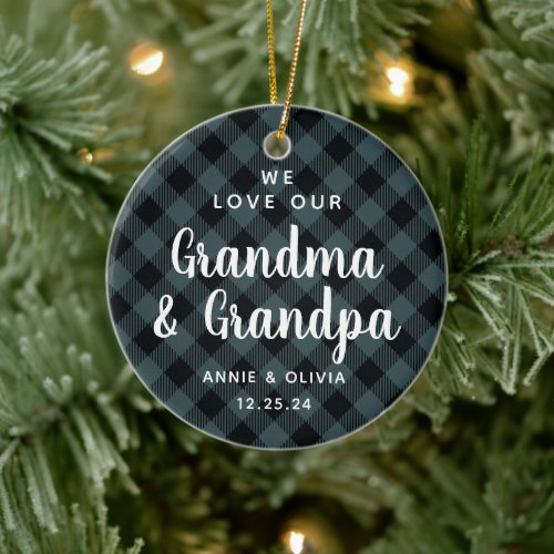 Grandparents Blue Plaid Christmas Photo Two_Sided Ceramic Ornament