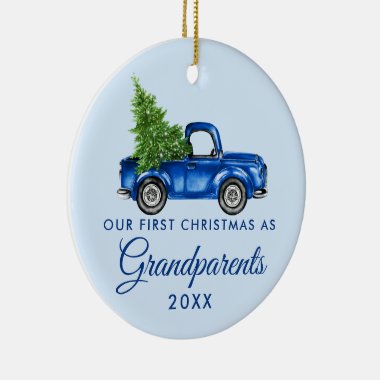 Grandparents Christmas Blue Truck PHOTO BACK Ceramic Ornament