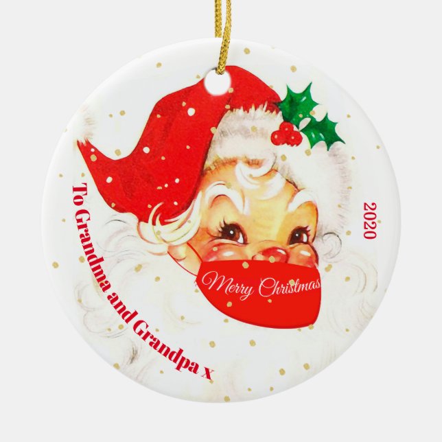 Grandparents Christmas Photo Santa Mask Merry Ceramic Ornament (Front)