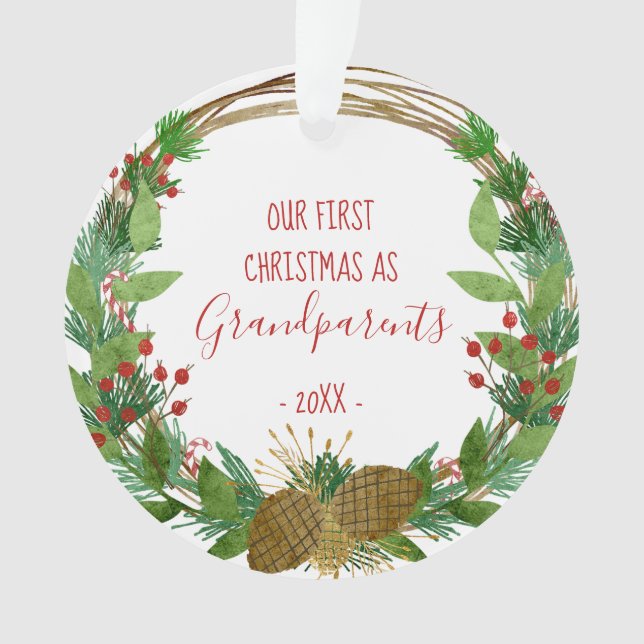 Grandparents Christmas Rustic Wreath Baby Photo Ornament (Front)