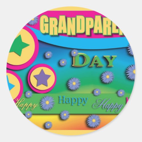 Grandparents Day Stars and Blue Flowers Classic Round Sticker