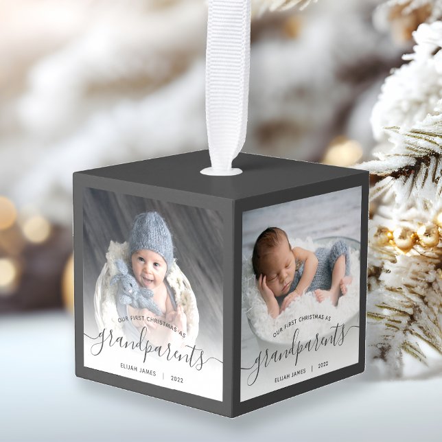 Grandparents First Christmas 4 Photo Gray Script Cube Ornament (Creator Uploaded)