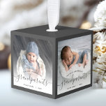 Grandparents First Christmas 4 Photo Gray Script Cube Ornament<br><div class="desc">Help them celebrate the arrival of their first grandchild with this beautiful modern keepsake ornament. The charcoal gray text reads "Our first Christmas as grandparents, " with the word "grandparents" in elegant handwriting script with flourishes before and after. The top, bottom and edges of the cube are a matching shade...</div>