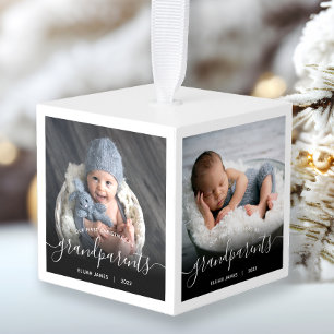 Grandparents First Christmas 4 Photo White Script Cube Ornament