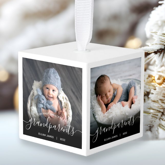 Grandparents First Christmas 4 Photo White Script Cube Ornament (Creator Uploaded)