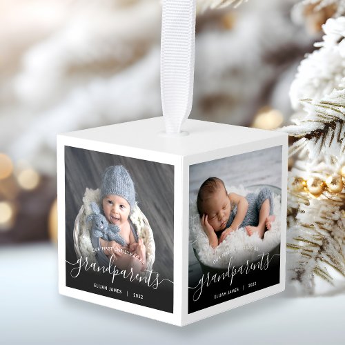 Grandparents First Christmas 4 Photo White Script Cube Ornament