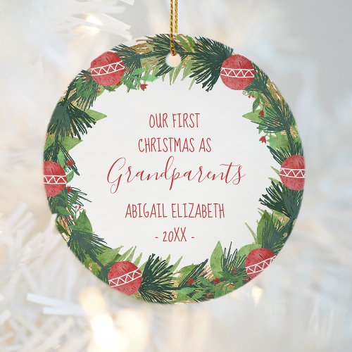 Grandparents First Christmas Baby Photo Wreath Ceramic Ornament