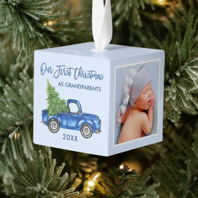 Grandparents First Christmas Blue Truck Photo Cube Ornament (Tree)