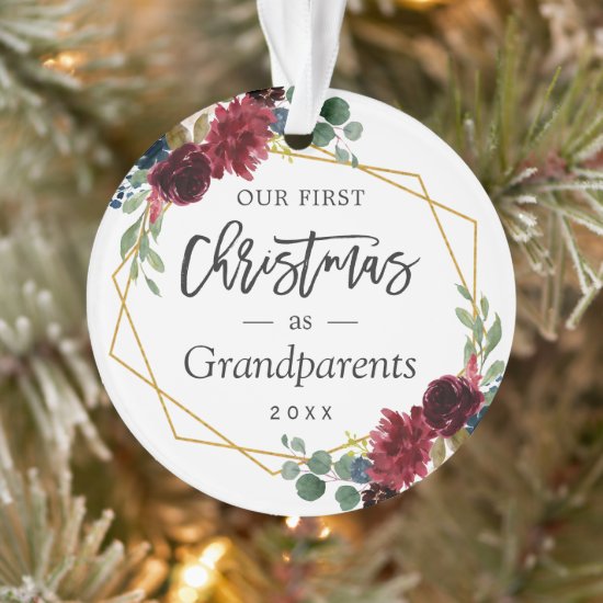 Grandparents First Christmas Burgundy Floral Photo Ornament