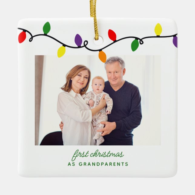 Grandparents First Christmas Colorful Lights Photo Ceramic Ornament (Front)
