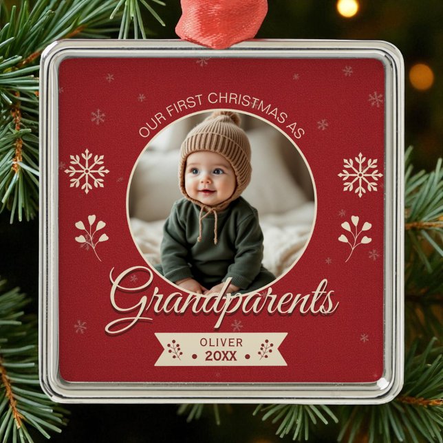 Grandparents First Christmas Custom Photo  Metal Ornament (Creator Uploaded)