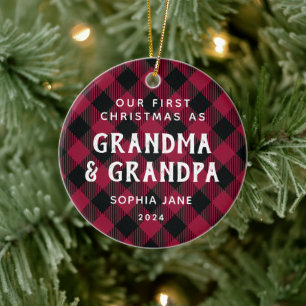 Grandparents First Christmas New Baby Photo Plaid Ceramic Ornament