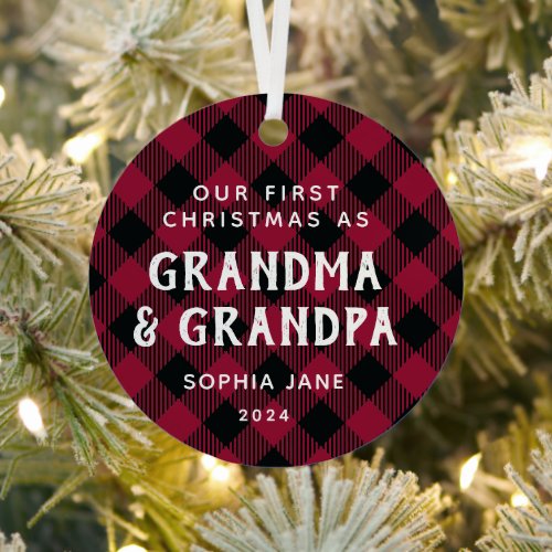 Grandparents First Christmas New Baby Photo Plaid Metal Ornament