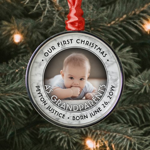 Grandparents First Christmas One Photo Faux Marble Metal Ornament
